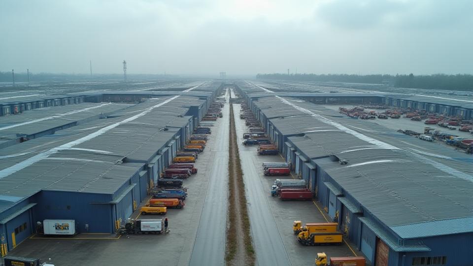 Video aéreo de una gran bodega industrial con vehículos en movimiento