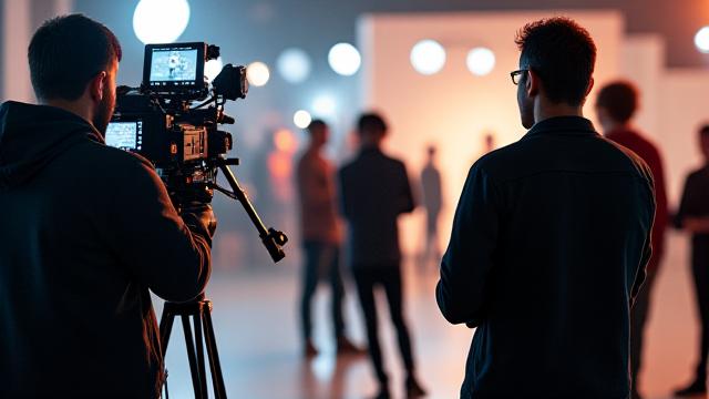 Equipo de producción de video filmando un comercial con cámara profesional y luces.
